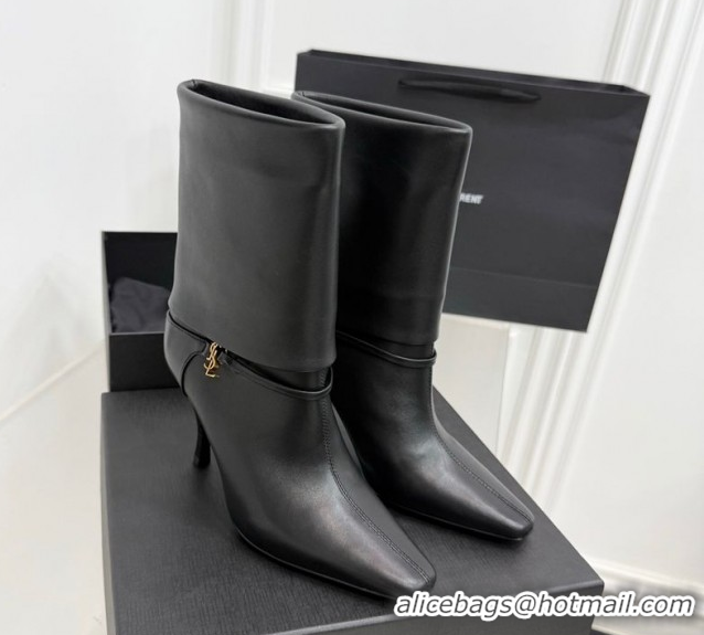 Perfect Saint Laurent Niki Heel Ankle Boots 10cm with YSL Strap in Calf Leather Black 1028116