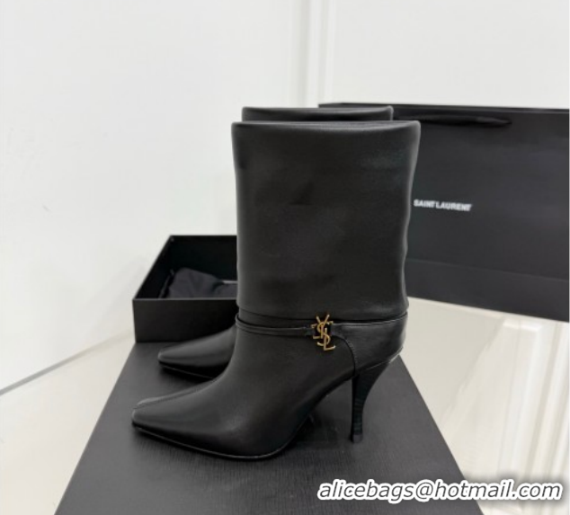 Perfect Saint Laurent Niki Heel Ankle Boots 10cm with YSL Strap in Calf Leather Black 1028116