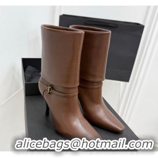 1:1 aaaaa Saint Laurent Niki Heel Ankle Boots 10cm with YSL Strap in Calf Leather Brown 1028117