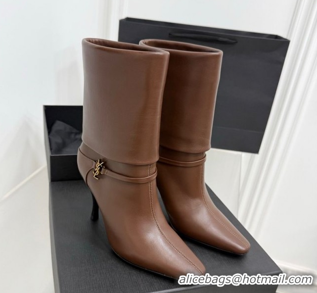 1:1 aaaaa Saint Laurent Niki Heel Ankle Boots 10cm with YSL Strap in Calf Leather Brown 1028117