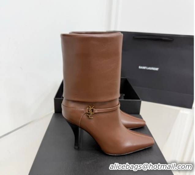 1:1 aaaaa Saint Laurent Niki Heel Ankle Boots 10cm with YSL Strap in Calf Leather Brown 1028117