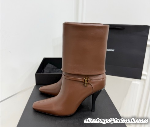 1:1 aaaaa Saint Laurent Niki Heel Ankle Boots 10cm with YSL Strap in Calf Leather Brown 1028117