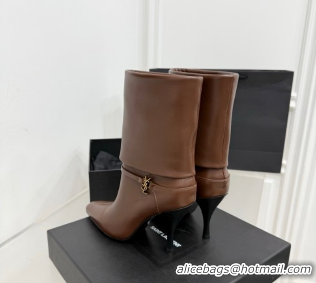 1:1 aaaaa Saint Laurent Niki Heel Ankle Boots 10cm with YSL Strap in Calf Leather Brown 1028117