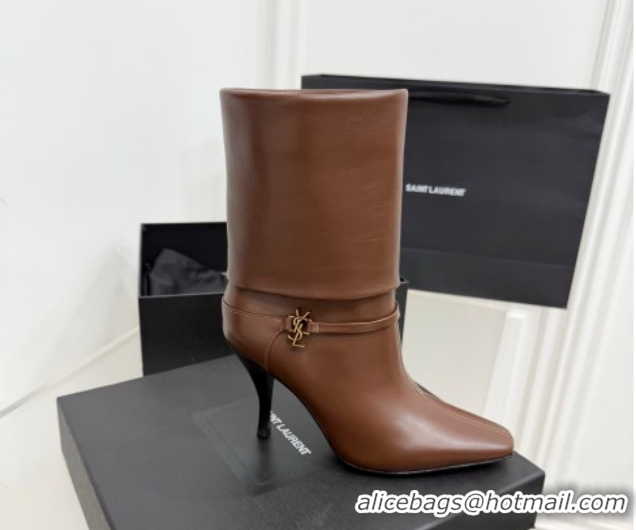 1:1 aaaaa Saint Laurent Niki Heel Ankle Boots 10cm with YSL Strap in Calf Leather Brown 1028117
