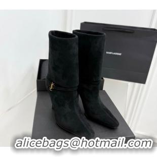 1:1 Saint Laurent Niki Heel Ankle Boots 10cm with YSL Strap in Suede Black 1028118