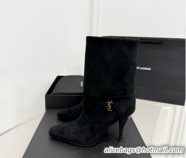 1:1 Saint Laurent Niki Heel Ankle Boots 10cm with YSL Strap in Suede Black 1028118