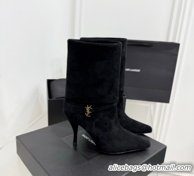 1:1 Saint Laurent Niki Heel Ankle Boots 10cm with YSL Strap in Suede Black 1028118