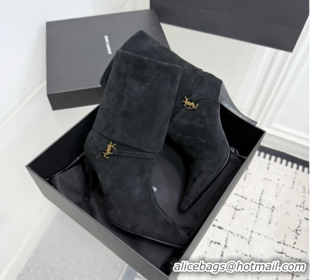 1:1 Saint Laurent Niki Heel Ankle Boots 10cm with YSL Strap in Suede Black 1028118