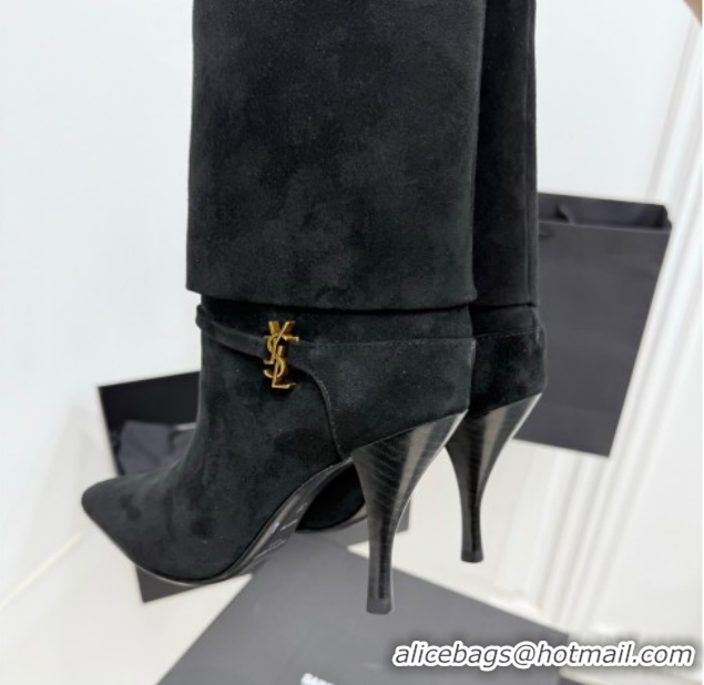1:1 Saint Laurent Niki Heel Ankle Boots 10cm with YSL Strap in Suede Black 1028118