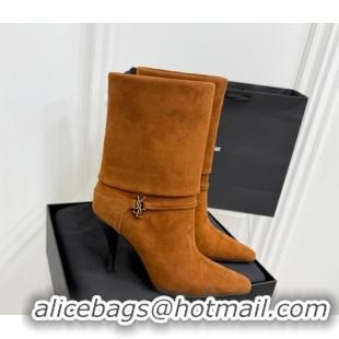 Charming Saint Laurent Niki Heel Ankle Boots 10cm with YSL Strap in Calf Leather Brown 1028119