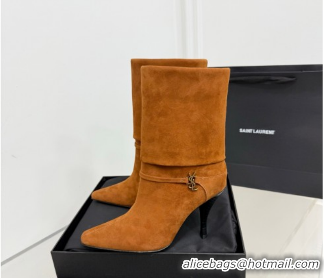 Charming Saint Laurent Niki Heel Ankle Boots 10cm with YSL Strap in Calf Leather Brown 1028119