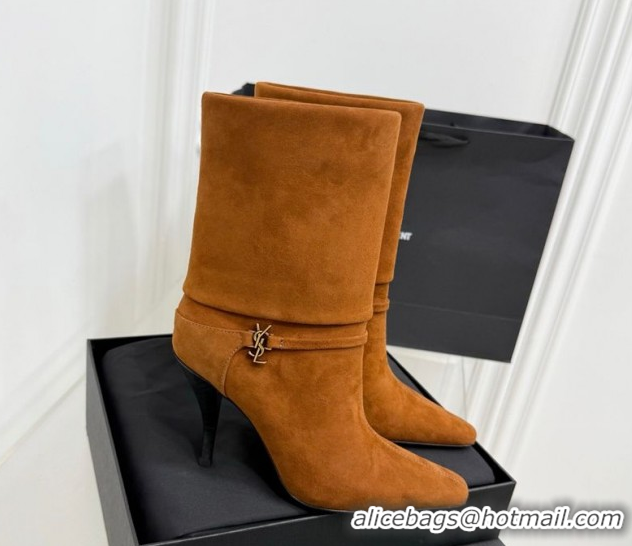 Charming Saint Laurent Niki Heel Ankle Boots 10cm with YSL Strap in Calf Leather Brown 1028119