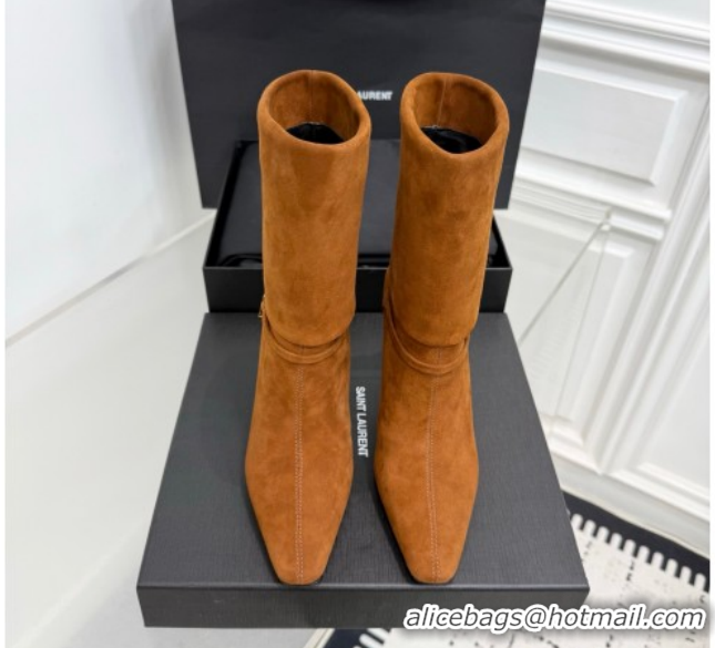 Charming Saint Laurent Niki Heel Ankle Boots 10cm with YSL Strap in Calf Leather Brown 1028119