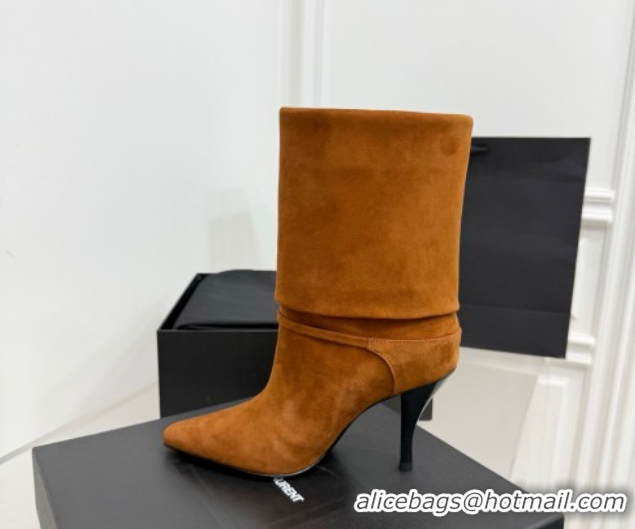 Charming Saint Laurent Niki Heel Ankle Boots 10cm with YSL Strap in Calf Leather Brown 1028119