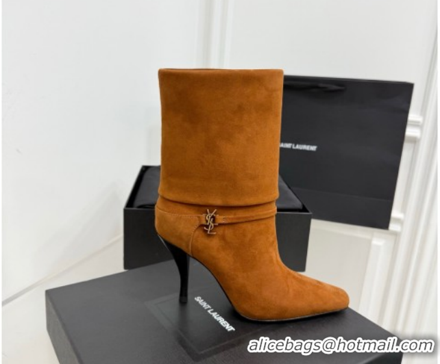 Charming Saint Laurent Niki Heel Ankle Boots 10cm with YSL Strap in Calf Leather Brown 1028119