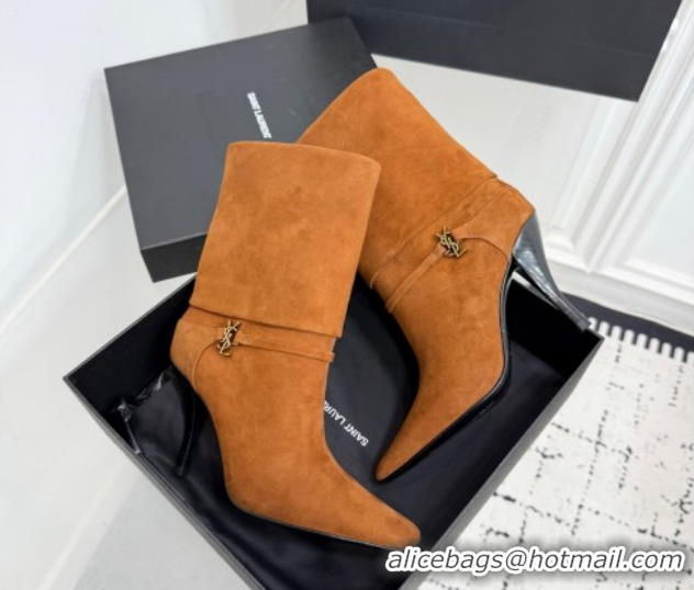 Charming Saint Laurent Niki Heel Ankle Boots 10cm with YSL Strap in Calf Leather Brown 1028119