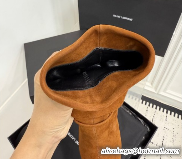 Charming Saint Laurent Niki Heel Ankle Boots 10cm with YSL Strap in Calf Leather Brown 1028119