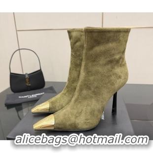Stylish Saint Laurent Suede Heel Ankle Boots 11cm with Metallic Point Green 1028120