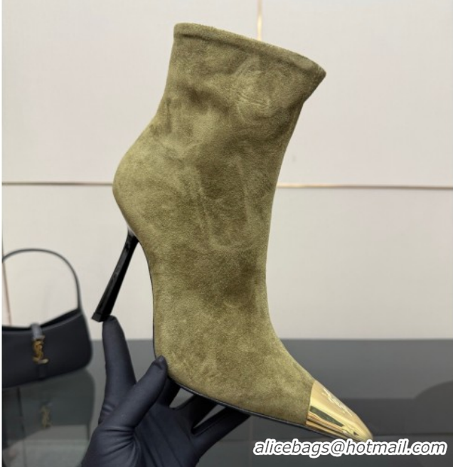 Stylish Saint Laurent Suede Heel Ankle Boots 11cm with Metallic Point Green 1028120