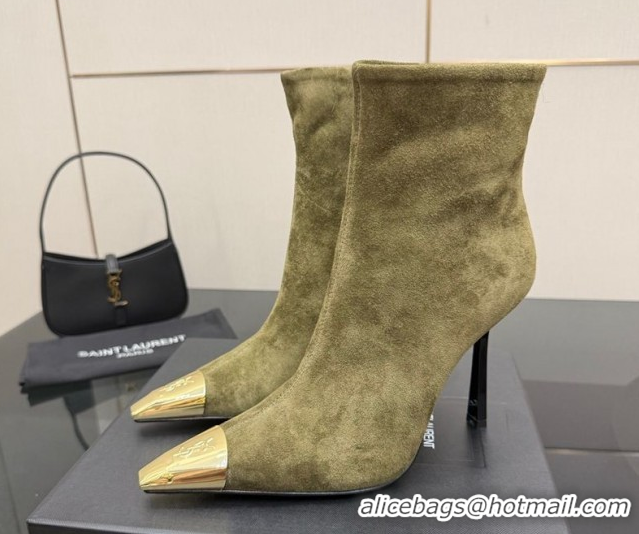 Stylish Saint Laurent Suede Heel Ankle Boots 11cm with Metallic Point Green 1028120