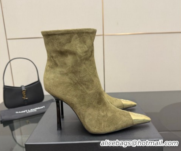 Stylish Saint Laurent Suede Heel Ankle Boots 11cm with Metallic Point Green 1028120