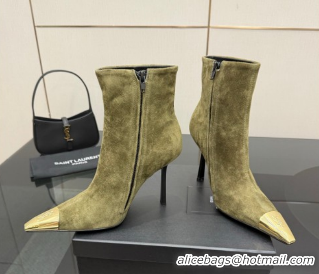 Stylish Saint Laurent Suede Heel Ankle Boots 11cm with Metallic Point Green 1028120