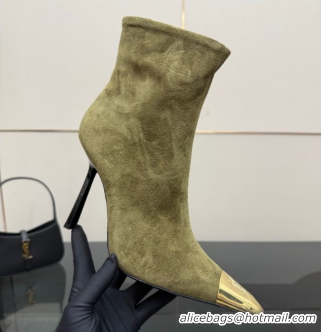 Stylish Saint Laurent Suede Heel Ankle Boots 11cm with Metallic Point Green 1028120