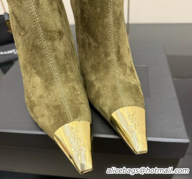 Stylish Saint Laurent Suede Heel Ankle Boots 11cm with Metallic Point Green 1028120