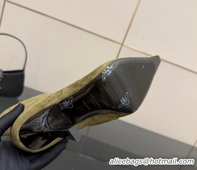 Stylish Saint Laurent Suede Heel Ankle Boots 11cm with Metallic Point Green 1028120