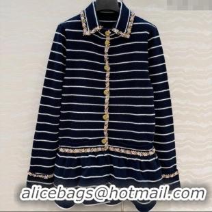 Big Discount Chanel Striped Jacket with Sequins CH122606 Navy Blue 2025