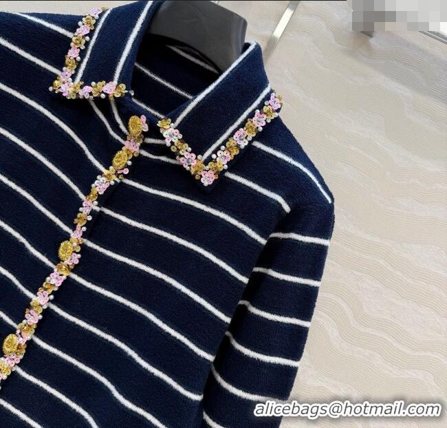 Big Discount Chanel Striped Jacket with Sequins CH122606 Navy Blue 2025