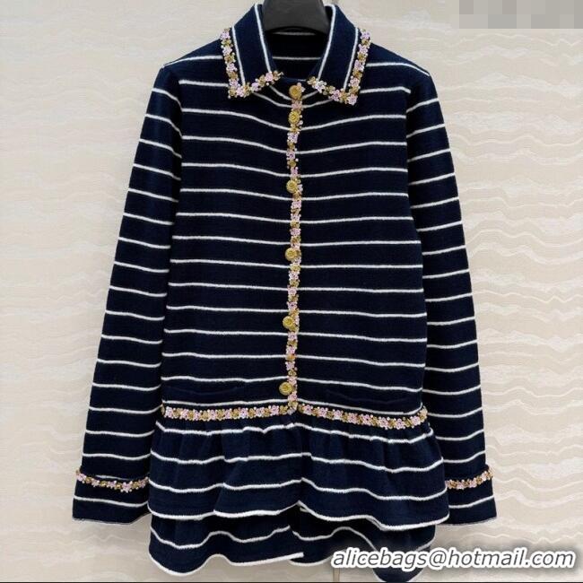 Big Discount Chanel Striped Jacket with Sequins CH122606 Navy Blue 2025
