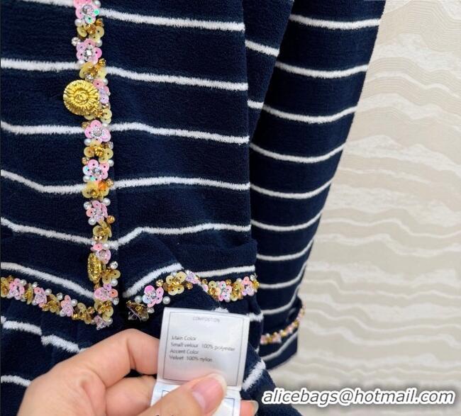 Big Discount Chanel Striped Jacket with Sequins CH122606 Navy Blue 2025