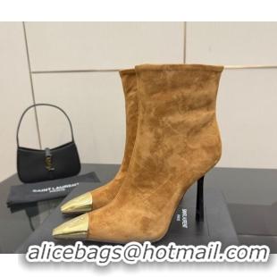 Good Quality Saint Laurent Suede Heel Ankle Boots 11cm with Metallic Point Brown 1028121