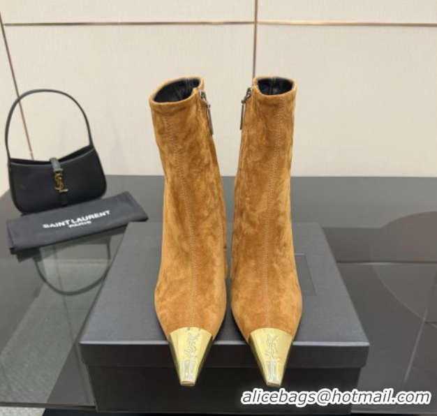 Good Quality Saint Laurent Suede Heel Ankle Boots 11cm with Metallic Point Brown 1028121