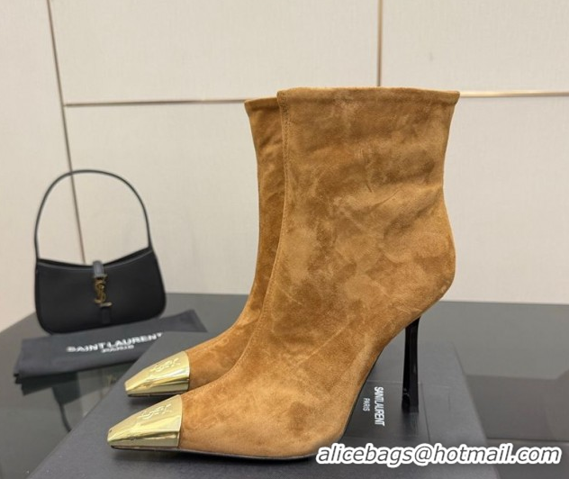 Good Quality Saint Laurent Suede Heel Ankle Boots 11cm with Metallic Point Brown 1028121