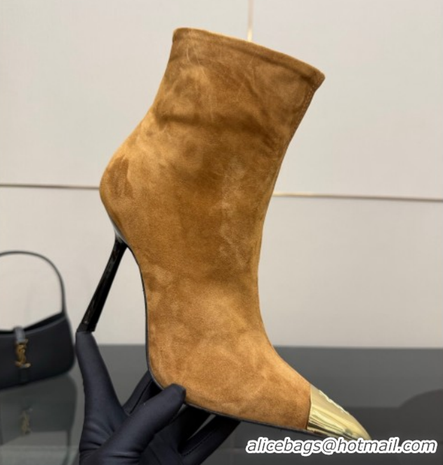 Good Quality Saint Laurent Suede Heel Ankle Boots 11cm with Metallic Point Brown 1028121