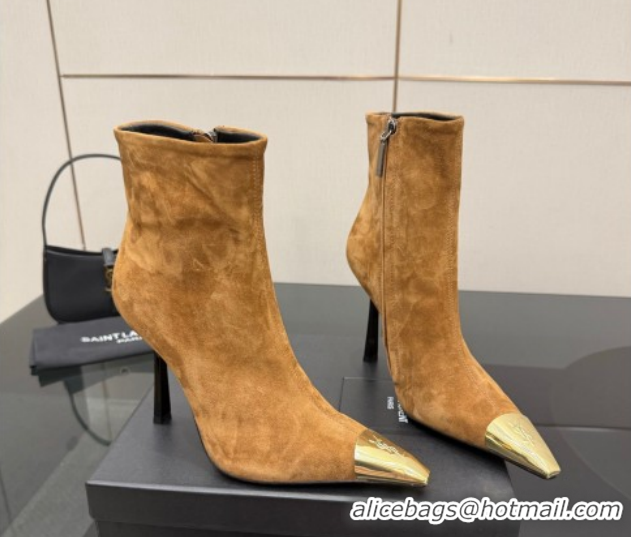 Good Quality Saint Laurent Suede Heel Ankle Boots 11cm with Metallic Point Brown 1028121