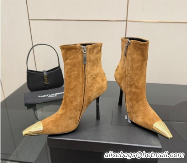 Good Quality Saint Laurent Suede Heel Ankle Boots 11cm with Metallic Point Brown 1028121