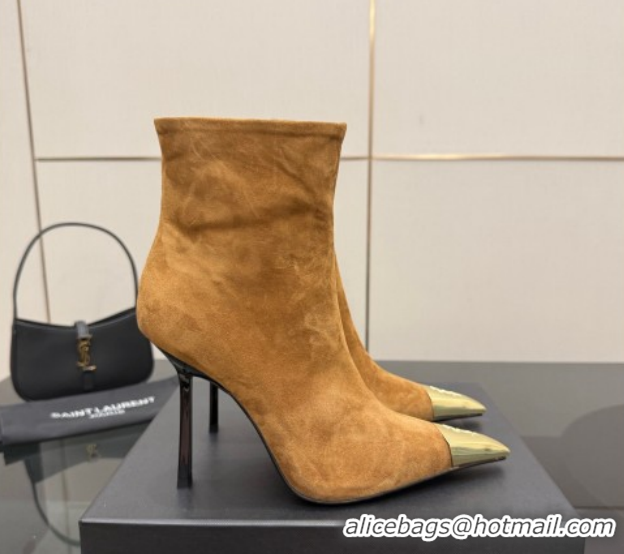 Good Quality Saint Laurent Suede Heel Ankle Boots 11cm with Metallic Point Brown 1028121