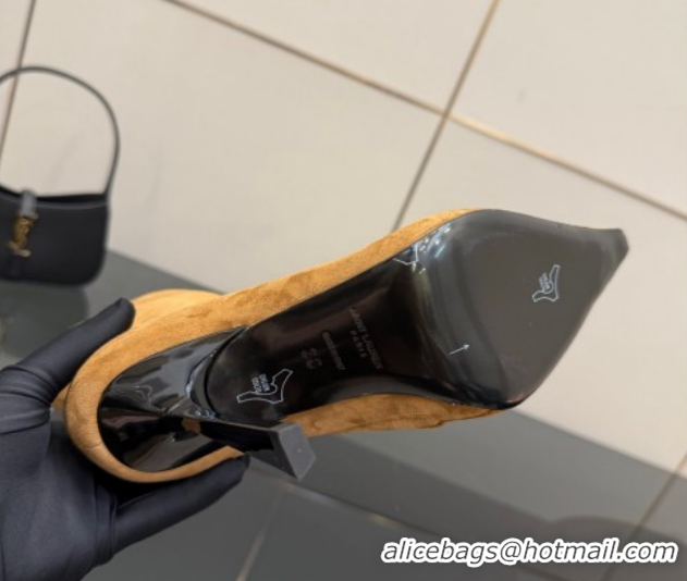 Good Quality Saint Laurent Suede Heel Ankle Boots 11cm with Metallic Point Brown 1028121