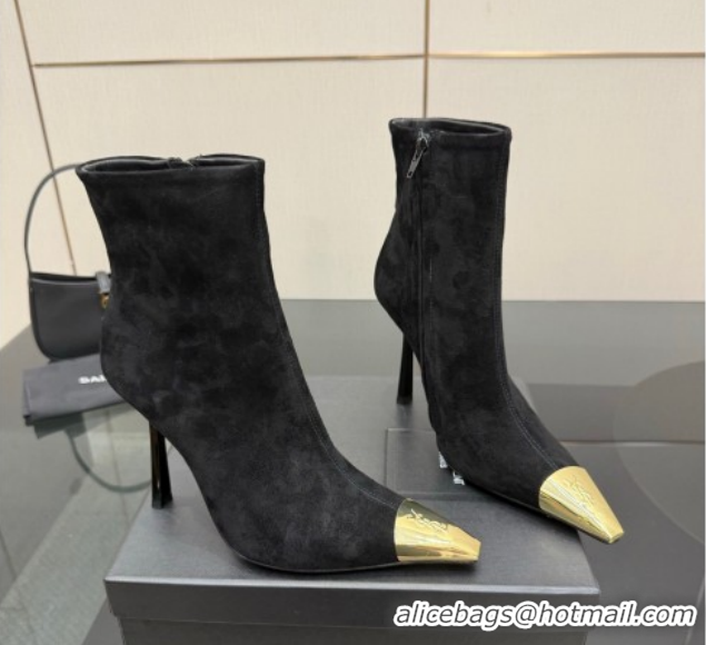 Unique Style Saint Laurent Suede Heel Ankle Boots 11cm with Metallic Point Black 1028122