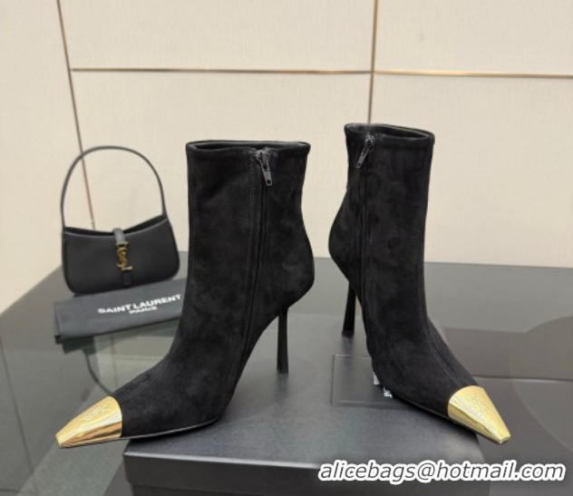 Unique Style Saint Laurent Suede Heel Ankle Boots 11cm with Metallic Point Black 1028122