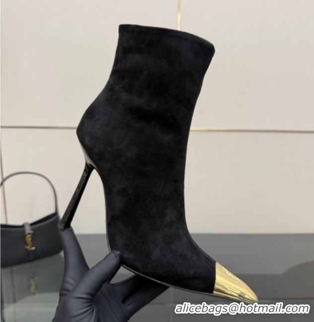 Unique Style Saint Laurent Suede Heel Ankle Boots 11cm with Metallic Point Black 1028122