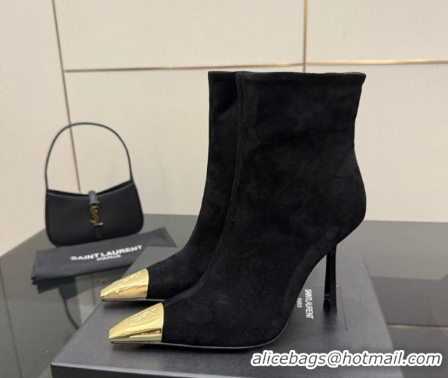 Unique Style Saint Laurent Suede Heel Ankle Boots 11cm with Metallic Point Black 1028122