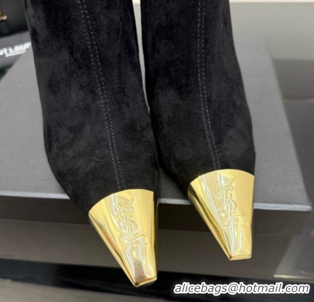 Unique Style Saint Laurent Suede Heel Ankle Boots 11cm with Metallic Point Black 1028122