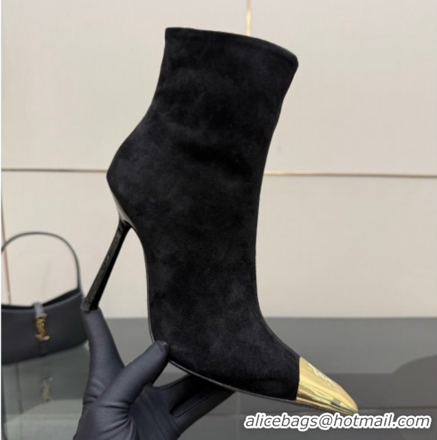 Unique Style Saint Laurent Suede Heel Ankle Boots 11cm with Metallic Point Black 1028122
