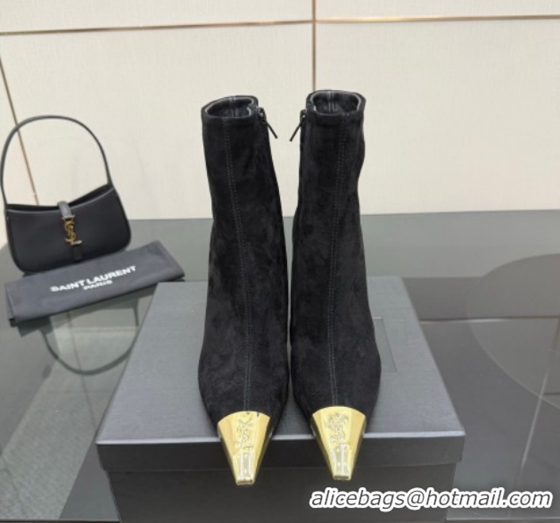 Unique Style Saint Laurent Suede Heel Ankle Boots 11cm with Metallic Point Black 1028122