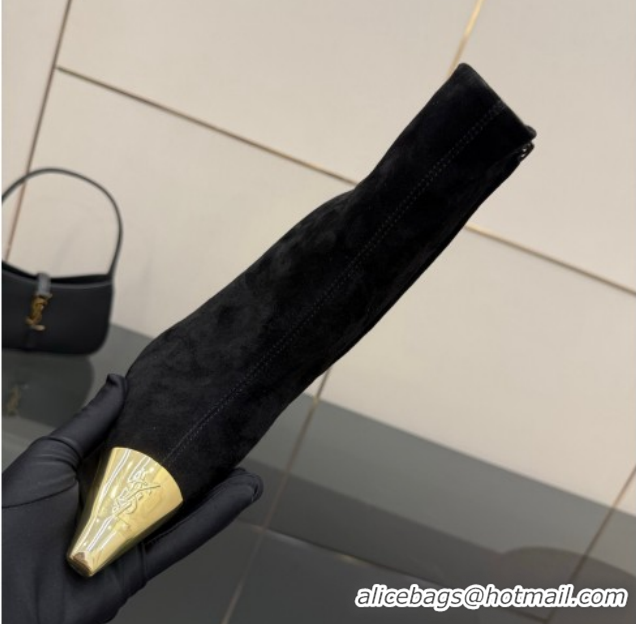 Unique Style Saint Laurent Suede Heel Ankle Boots 11cm with Metallic Point Black 1028122