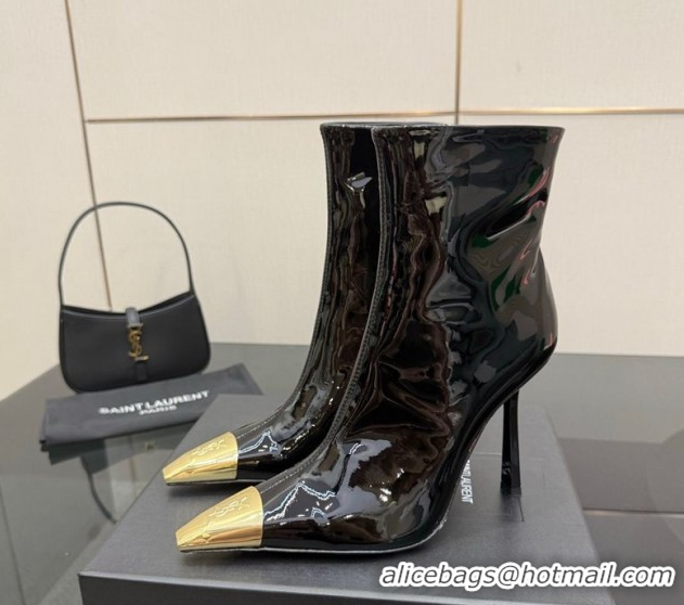 Luxury Saint Laurent Patent Leather Heel Ankle Boots 11cm with Metallic Point Black 1028123